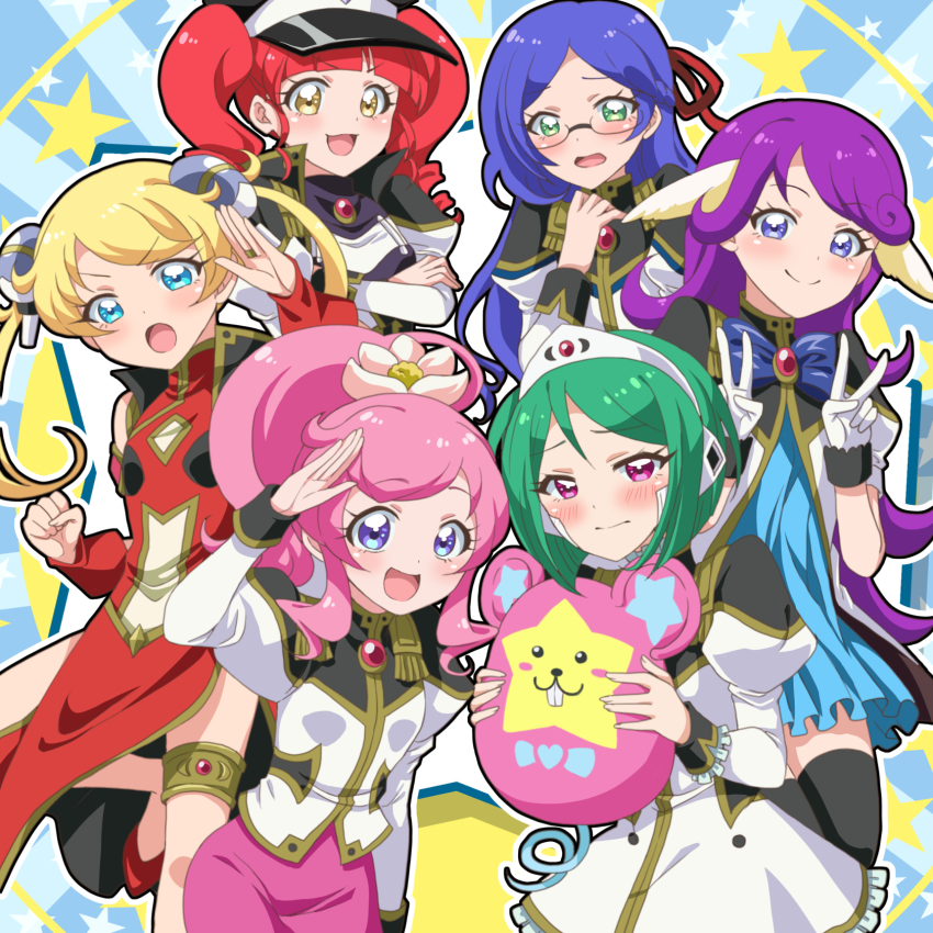 6+girls, akagi_anna, aoba_rinka, blue_eyes, blue_hair, blush, clenched_hand, cosplay