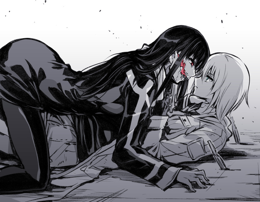 2girls, android, black_theme, blau_(mechanical_buddy_universe), blue_eyes, commentary, expressionless, gun, hair_between_eyes, handgun, highres, hood, hooded_coat, jacket, japanese_urban_legends, kato_takuji, knife, kuchisake-onna, long_hair, mechanical_buddy_universe, monochrome, multiple_girls, no_pants, on_ground, original, pantyhose, red_eyes, short_hair, spot_color, track_jacket, weapon