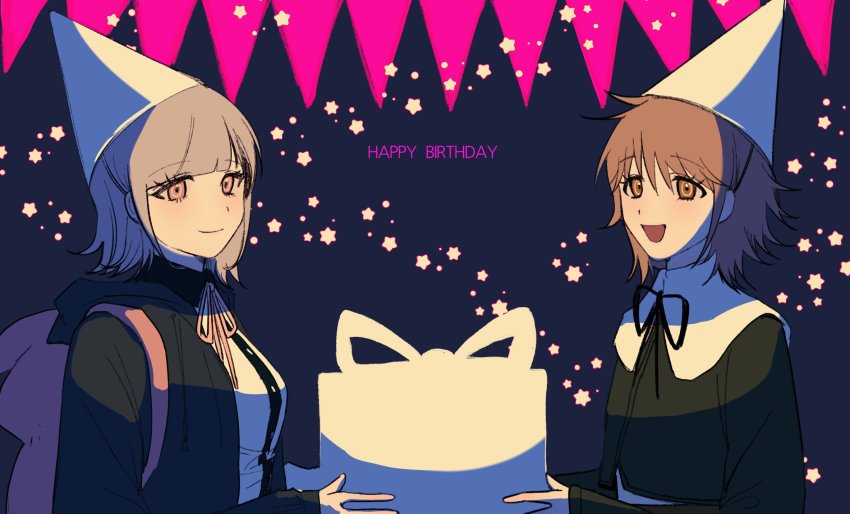 1boy, 1girl, backpack, bag, birthday_connection, black_jacket, black_ribbon, black_shirt