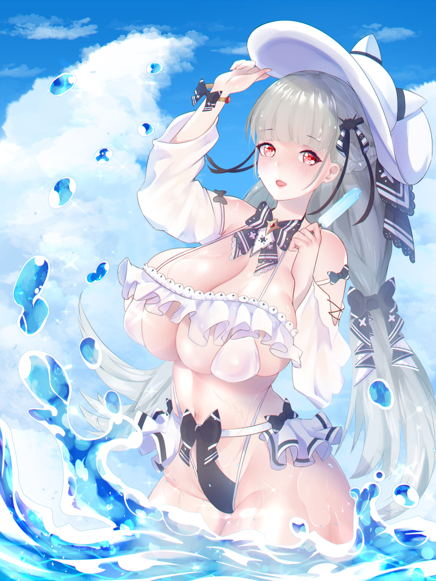 1girl, :d, absurdres, azur_lane, bikini, black_bikini, black_neckwear, blue_sky, blunt_bangs, bracelet, breasts, cleavage, cloud, commentary, covered_erect_nipples, day, detached_sleeves, female_focus, food, formidable_(azur_lane), frilled_bikini, frills, gem, hair_ribbon, hat, highleg, highleg_bikini, highres, huge_breasts, huge_filesize, jewelry, long_hair, looking_at_viewer, navel, ocean, open_mouth, outdoors, popsicle, red_eyes, ribbon, ribura_(limezstariouz), silver_hair, skindentation, sky, smile, solo, standing, swimsuit, twintails, underboob, wading, water, water_drop, white_bikini, white_hat