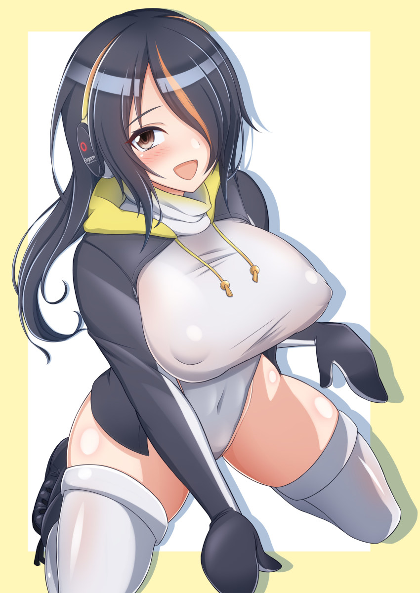 1girl, :d, absurdres, black_hair, blush, breasts, brown_eyes, covered_erect_nipples, covered_navel, drawstring, emperor_penguin_(kemono_friends), groin, hair_over_one_eye, headphones, highleg, highleg_leotard, highres, hood, hood_down, kemono_friends, kneeling, large_breasts, leotard, long_hair, looking_at_viewer, morimasakazu, multicolored_hair, open_clothes, open_mouth, red_hair, shiny_clothes, shiny_skin, skindentation, smile, solo, spread_legs, sweater, thighhighs, two-tone_hair, white_leotard