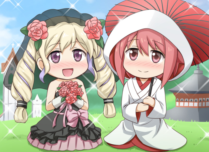 2girls, black_dress, black_vs_white, black_wedding_dress, blonde_hair, blush, bouquet, bridal_veil, dress, elise_(fire_emblem), female_focus, field, fire_emblem, fire_emblem_fates, flower, hair_flower, hair_ornament, holding, holding_bouquet, japanese_clothes, kimono, matching_hair/eyes, multiple_girls, nichika_(nitikapo), nintendo, open_mouth, outdoors, pink_eyes, pink_hair, purple_hair, sakura_(fire_emblem), smile, sparkle, uchikake, umbrella, veil, wedding_dress, wedding_kimono, wife_and_wife, yuri