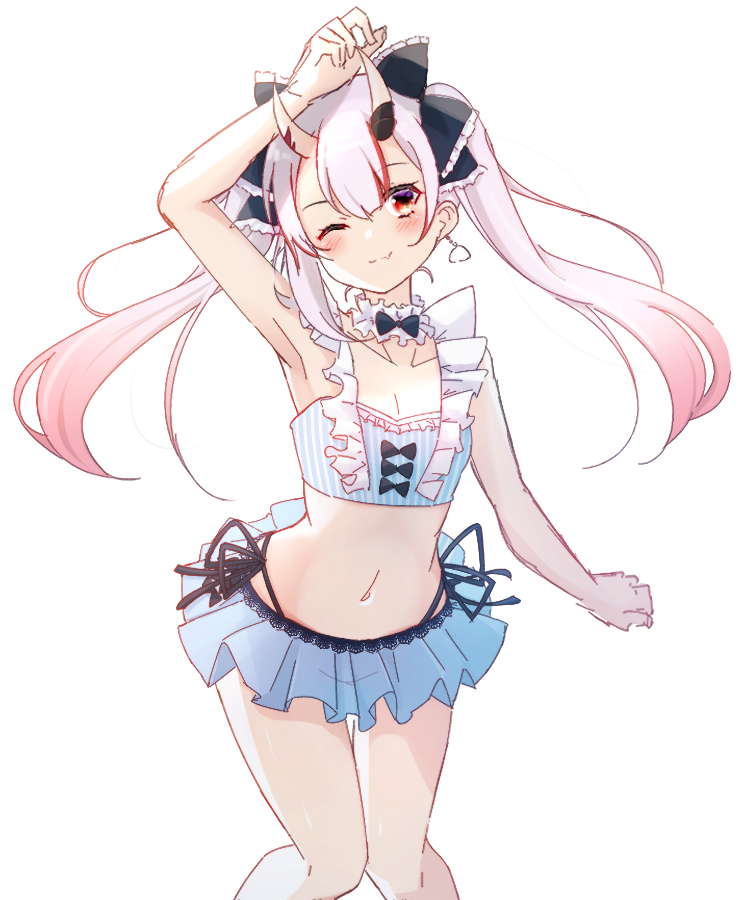 1girl, ;), arm_up, armpits, bare_arms, bare_shoulders, bikini, bikini_skirt, black_bow, blue_bikini, blush, bow, breasts, cleavage, closed_mouth, collarbone, commentary_request, fang, fang_out, feet_out_of_frame, frilled_bow, frills, gradient_hair, hair_bow, head_tilt, highleg, highleg_bikini, hololive, horns, hot_kakigoori, knees_together_feet_apart, layered_bikini, multicolored_hair, nakiri_ayame, nakiri_ayame_(hololive_summer_2019), navel, one_eye_closed, oni, red_eyes, red_hair, side-tie_bikini_bottom, simple_background, skin-covered_horns, small_breasts, smile, solo, streaked_hair, swimsuit, twintails, virtual_youtuber, white_background, white_hair