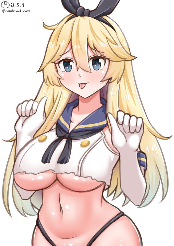 1girl, black_hairband, black_neckerchief, black_panties, blonde_hair, blue_eyes, blue_sailor_collar, breasts, cosplay, cowboy_shot, crop_top, elbow_gloves, gloves, hairband, highleg, highleg_panties, iowa_(kancolle), kantai_collection, large_breasts, long_hair, neckerchief, panties, sailor_collar, shimakaze_(kancolle), shimakaze_(kancolle)_(cosplay), shiromaru_(maniado), simple_background, solo, tongue, tongue_out, torn_clothes, underboob, underwear, white_background, white_gloves