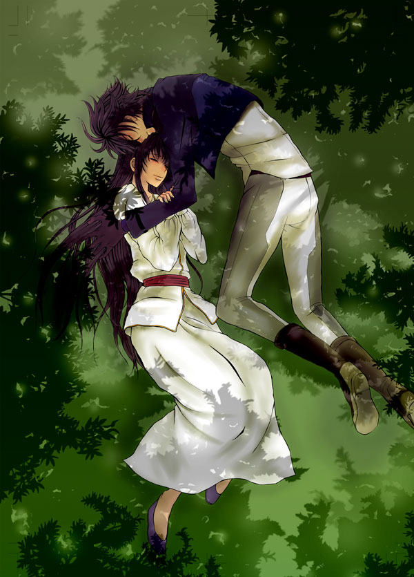 00s, 1boy, 1girl, black_hair, dress, closed_eyes, full_body, gundam