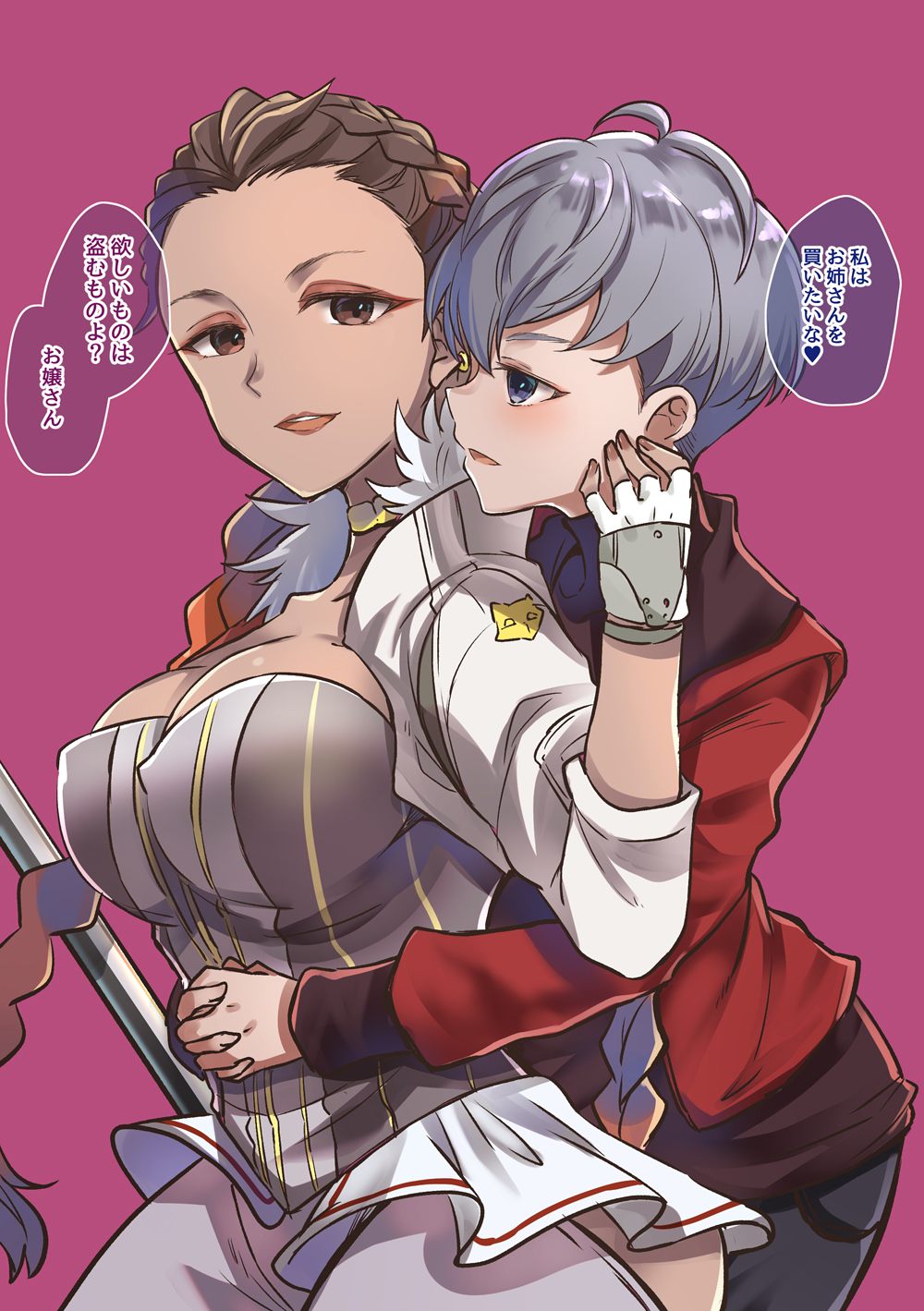 2girls, animification, apex_legends, blush, bomber_jacket, braid, breasts, brown_hair, corset, cropped_jacket, dark-skinned_female, dark_skin, eyeshadow, fingerless_gloves, gloves, gold_choker, gradient_hair, highres, hug, hug_from_behind, huleito, jacket, large_breasts, loba_(apex_legends), makeup, multicolored_hair, multiple_girls, purple_background, red_eyeshadow, red_hair, red_jacket, short_hair, silver_hair, translation_request, twin_braids, valkyrie_(apex_legends), white_corset, white_gloves, white_jacket, yuri