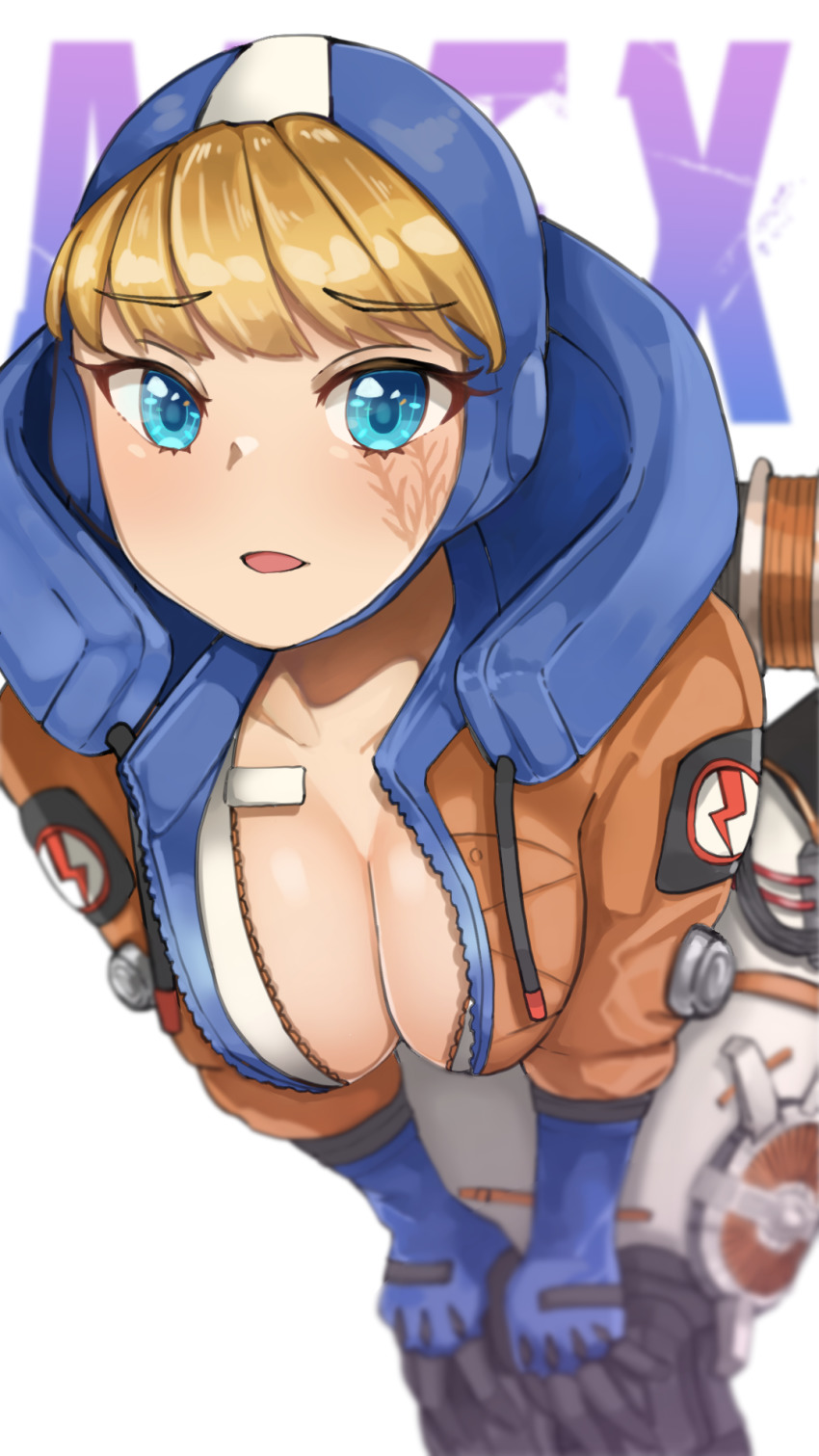 1girl, animification, apex_legends, backpack, bag, blonde_hair, blue_eyes, blue_gloves