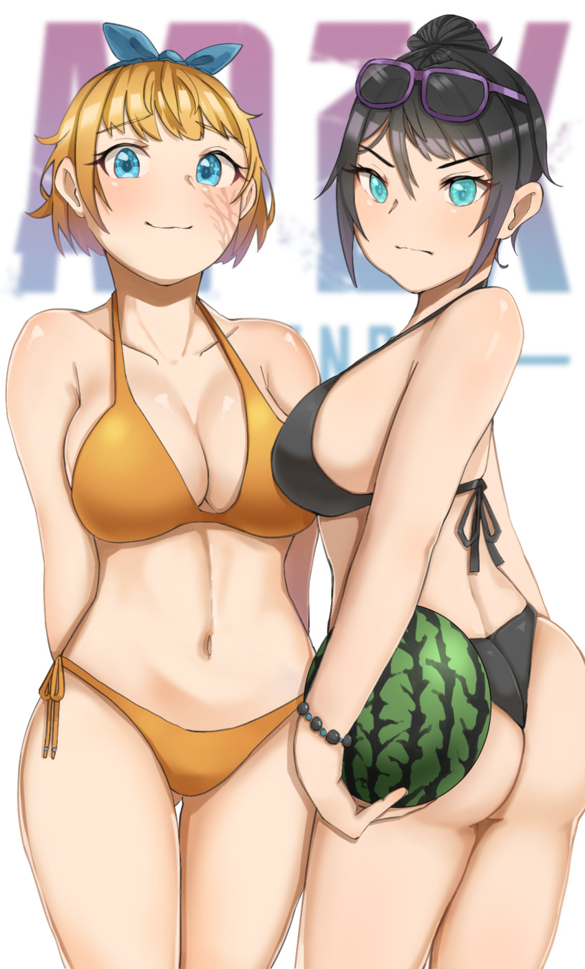 2girls, animification, apex_legends, arms_behind_back, ass, bikini, black_bikini, black_hair, blue_eyes, blue_ribbon, blush, breasts, cleavage, copyright_name, food, fruit, hair_behind_ear, hair_bun, hair_ribbon, highres, holding, holding_food, holding_fruit, loa_(loa_apex_more), medium_breasts, midriff, multiple_girls, navel, ribbon, short_hair, single_hair_bun, swimsuit, v-shaped_eyebrows, watermelon, wattson_(apex_legends), wraith_(apex_legends), yellow_bikini