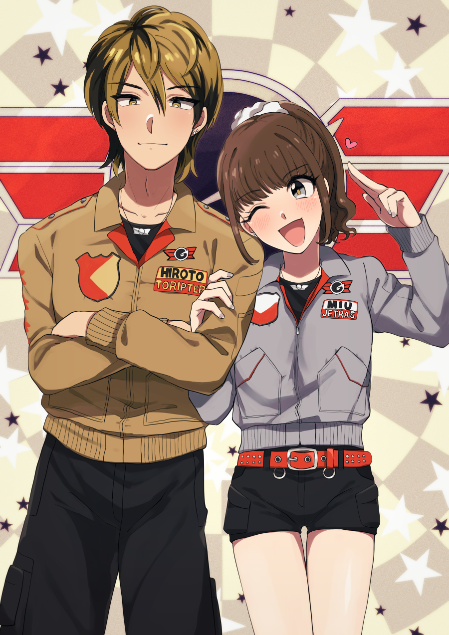 1boy, 1girl, brother_and_sister, brown_hair, engine_sentai_go-onger, highres, one_eye_closed, remotaro