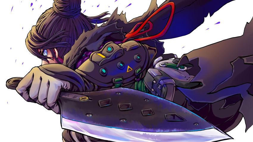 1girl, absurdres, animification, apex_legends, black_scarf, cable, floating_hair, from_behind, gloves, grey_gloves, hair_behind_ear, hair_bun, highres, holding, holding_knife, hope's_dusk_(apex_legends), knife, kunai, looking_back, scarf, single_hair_bun, solo, weapon, wraith_(apex_legends), xin_(xin24)