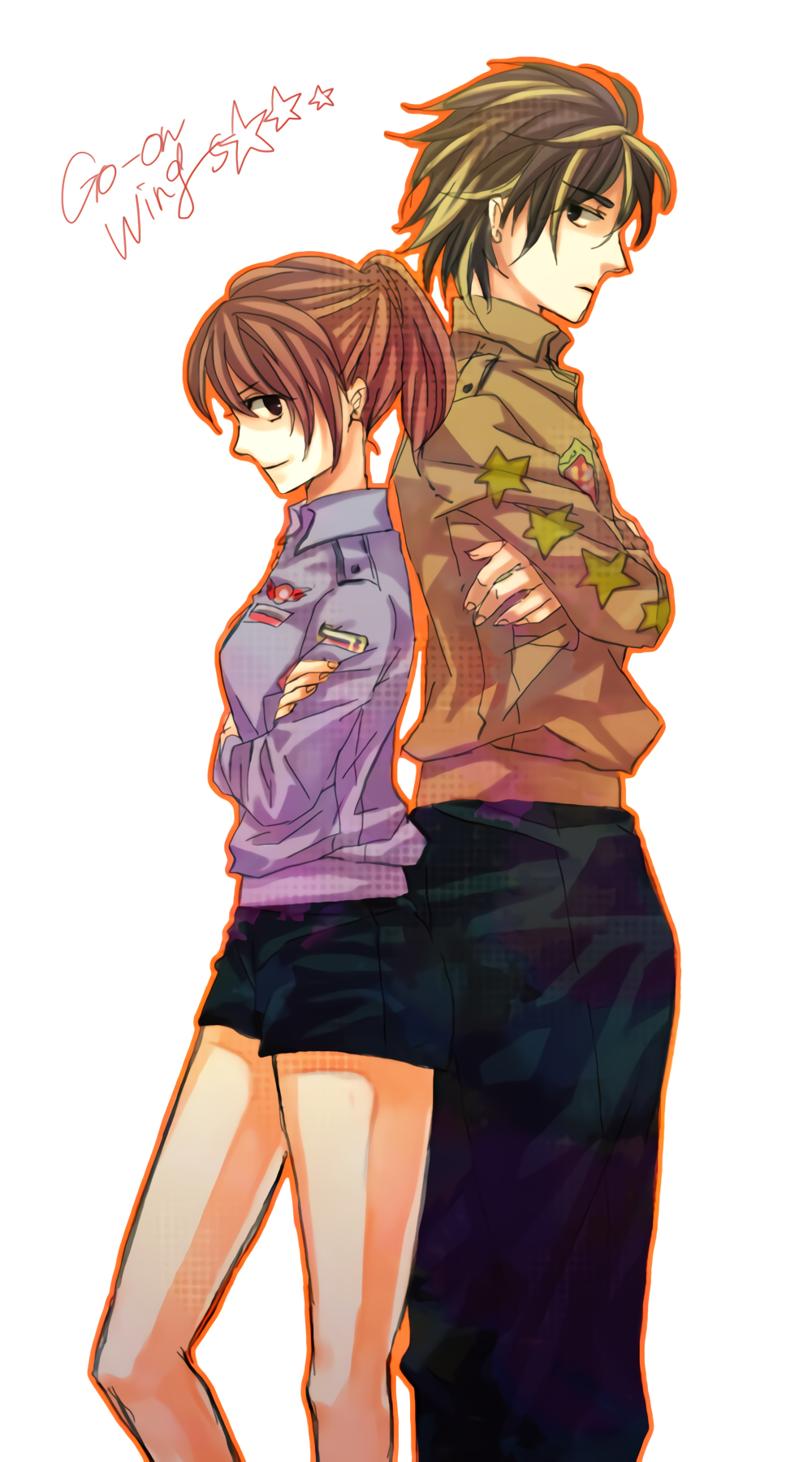 1boy, 1girl, black_hair, blonde_hair, brother_and_sister, brown_eyes, brown_hair, engine_sentai_go-onger