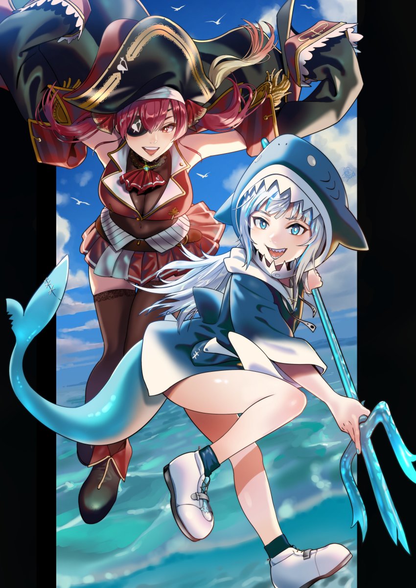 2girls, absurdres, animal_hood, arrow_through_heart, ascot, bare_legs, bicorne, bird