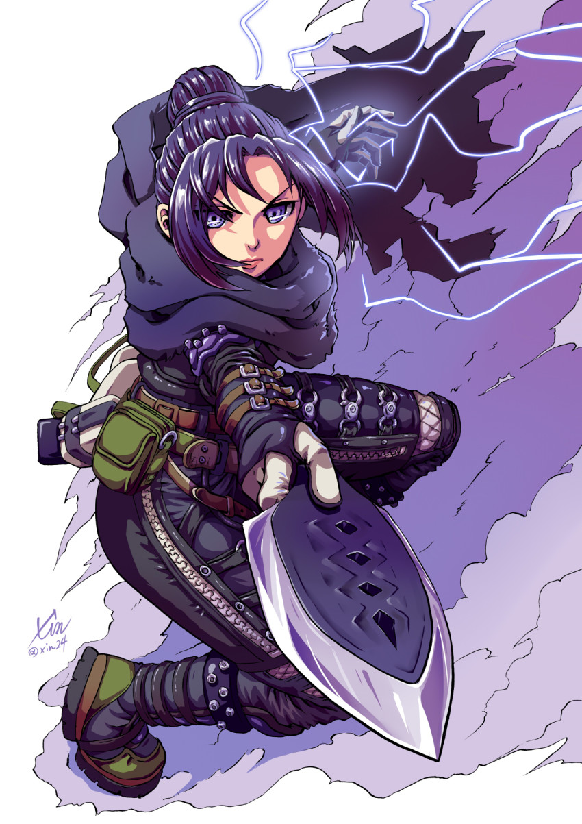1girl, animification, apex_legends, artist_name, black_bodysuit, black_boots, black_scarf, bodysuit, boots, dust, electricity, fingerless_gloves, floating_hair, foreshortening, gloves, hair_bun, highres, holding, holding_knife, hope's_dusk_(apex_legends), knife, kunai, looking_at_viewer, open_hand, parted_bangs, purple_eyes, purple_hair, scarf, single_hair_bun, solo, squatting, twitter_username, v-shaped_eyebrows, weapon, wraith_(apex_legends), xin_(xin24)