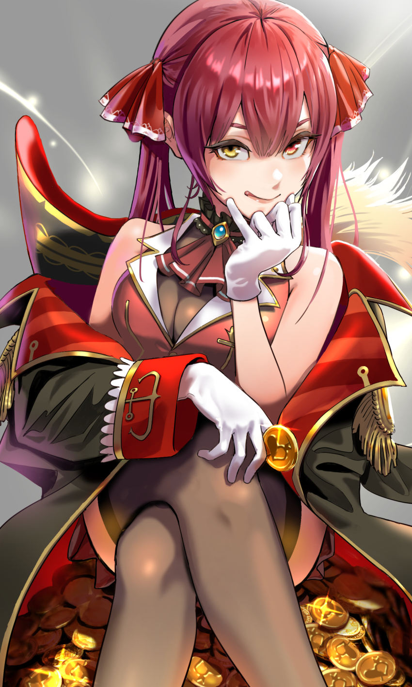 1girl, absurdres, ascot, black_coat, black_thighhighs, bodystocking, breasts, brooch