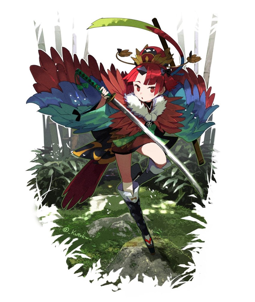 1girl, bamboo, bamboo_forest, beni-enma, beni-enma_(third_ascension), fate/grand_order, fate_(series), feather_trim, forest, hat, highres, katana, kurokw, nature, red_eyes, red_hair, sword, twitter_username, weapon
