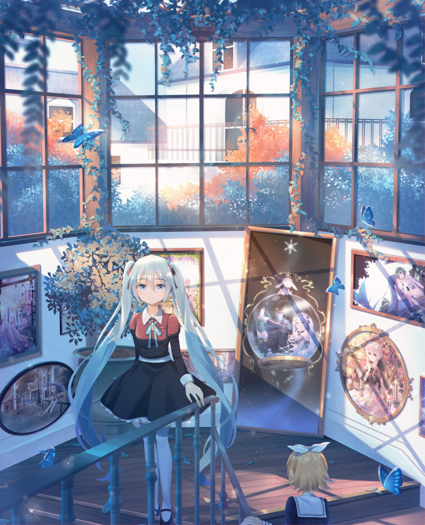 2girls, absurdres, aqua_eyes, aqua_hair, aqua_ribbon, artist_self-reference, black_dress, black_ribbon