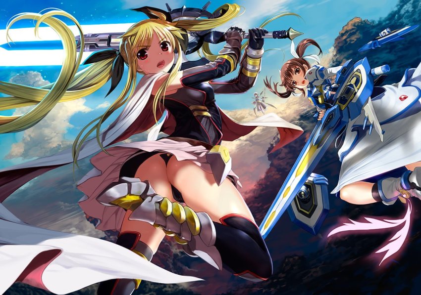 3girls, ankle_wings, ass, bardiche_(nanoha), bardiche_(straight_saber_form)_(nanoha), belt, beret, black_gloves, black_thighhighs, black_wings, blonde_hair, book, boots, breasts, brown_eyes, brown_hair, cape, cloud, detached_sleeves, energy_sword, fate_testarossa, fate_testarossa_(blaze_form_ii), fingerless_gloves, floating, gauntlets, gloves, hair_ribbon, hat, juliet_sleeves, long_hair, long_sleeves, looking_back, lyrical_nanoha, magical_girl, mahou_shoujo_lyrical_nanoha, mahou_shoujo_lyrical_nanoha_reflection, mikazuki_akira!, multiple_girls, multiple_wings, open_mouth, parted_bangs, puffy_sleeves, ribbon, schwertkreuz, short_hair, short_twintails, skirt, sky, small_breasts, staff, strike_cannon, sword, takamachi_nanoha, takamachi_nanoha_(fortress_mode), thighhighs, tome_of_the_night_sky, twintails, very_long_hair, weapon, white_cape, white_skirt, wings, yagami_hayate