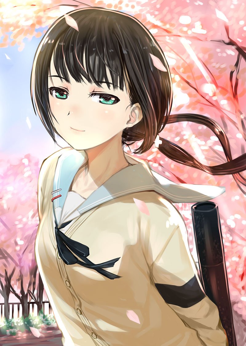 1girl, aqua_eyes, black_hair, black_neckwear, black_ribbon, cardigan, cherry_blossoms, clip