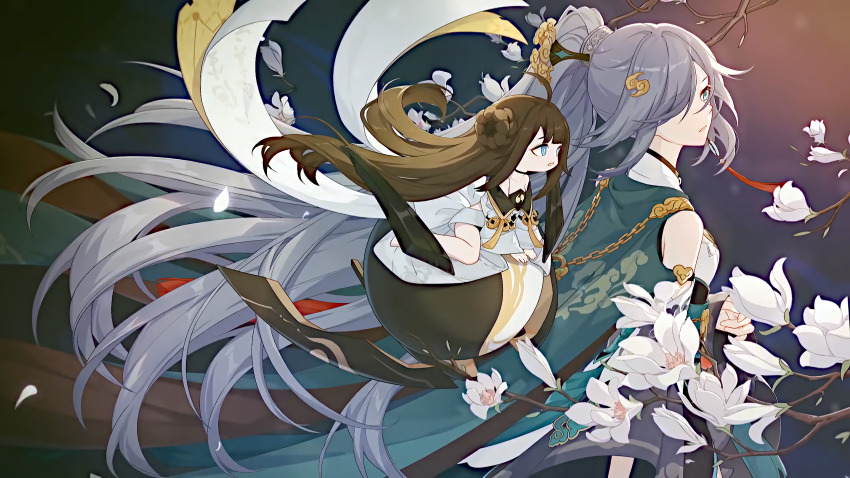 2girls, ahoge, bare_legs, bare_shoulders, black_hair, blue_eyes, blue_hair, book_of_fuxi