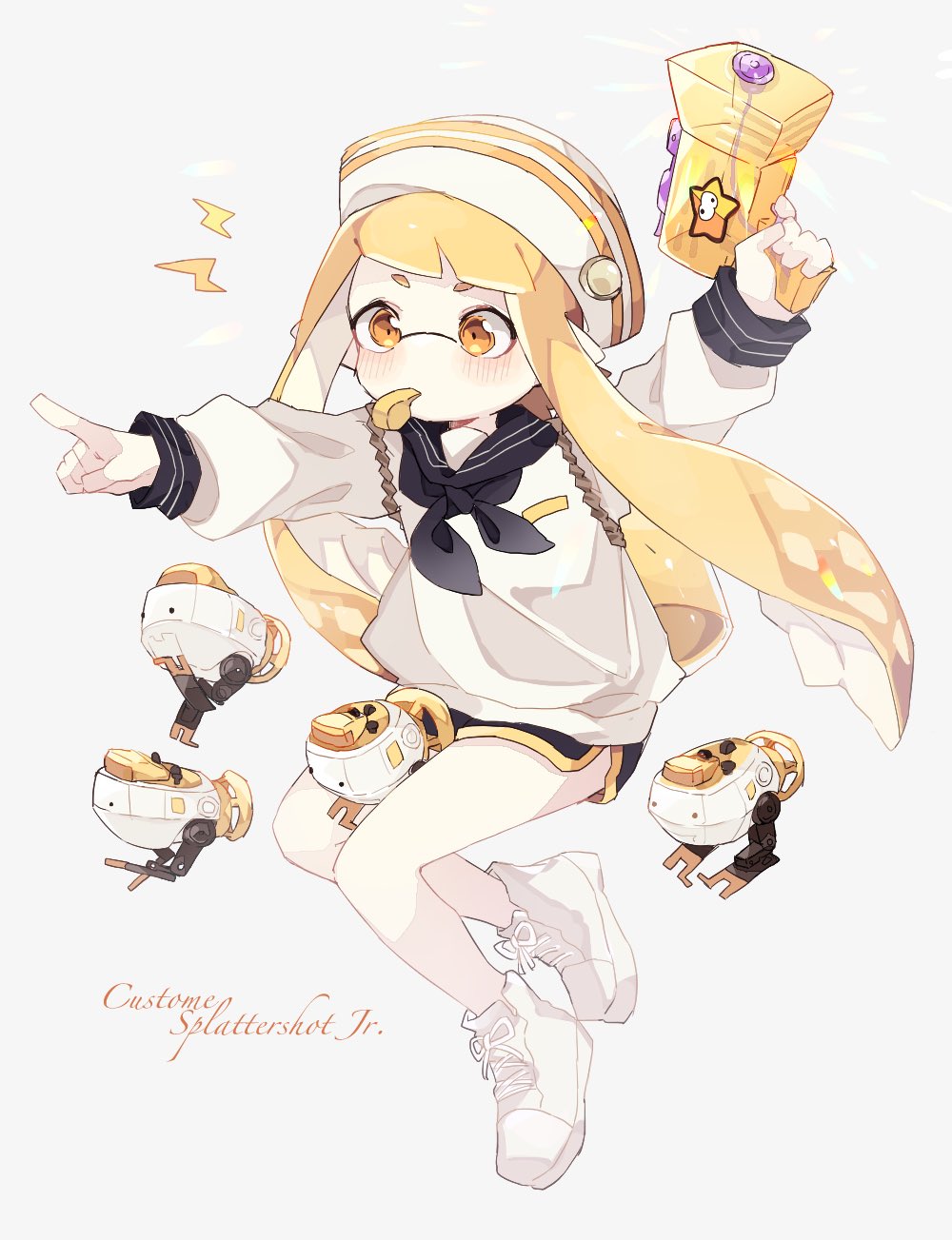 1girl, autobomb_(splatoon), black_neckerchief, black_sailor_collar, black_shorts, blonde_hair, blouse, blunt_bangs, commentary, cursive, diagonal_bangs, dixie_cup_hat, double_horizontal_stripe, english_text, grey_background, hat, highres, holding, holding_weapon, ika_esu, inkling, inkling_girl, inkling_player_character, lightning_bolt_symbol, long_hair, long_sleeves, mask, military_hat, mouth_hold, neckerchief, nintendo, no_socks, orange_eyes, pointing, pointy_ears, sailor_collar, shirt, shoes, short_shorts, shorts, simple_background, sneakers, solo, splatoon_(series), splattershot_jr._(splatoon), tentacle_hair, weapon, whistle, white_hat, white_shirt, white_shoes