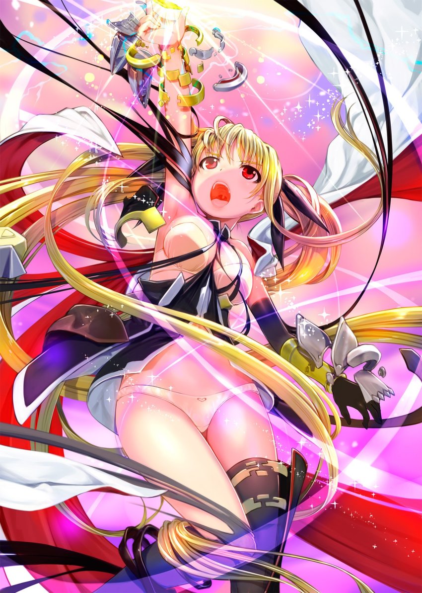 1girl, black_gloves, black_thighhighs, blonde_hair, bra, breasts, commentary_request, elbow_gloves, fate_testarossa, fate_testarossa_(blaze_iii), gloves, hair_ribbon, henshin, highres, large_breasts, long_hair, looking_up, lyrical_nanoha, magical_girl, mahou_shoujo_lyrical_nanoha, mahou_shoujo_lyrical_nanoha_a's, mikazuki_akira!, open_mouth, panties, pink_background, red_eyes, ribbon, single_glove, solo, sparkle, teeth, thighhighs, tongue, twintails, underwear, very_long_hair, white_bra, white_panties
