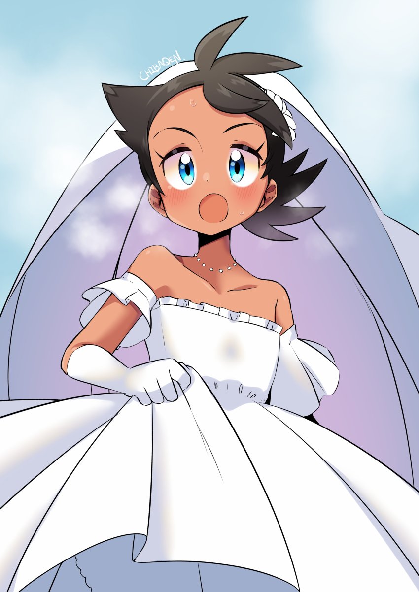 1boy, absurdres, bead_necklace, beads, blue_eyes, blush, bride, chibaqen, collarbone, crossdressing, crossdressing_(mtf), dark-skinned_male, dark_skin, dress, eyelashes, frills, from_below, gloves, goh_(pokemon), highres, jewelry, male_bride, male_focus, necklace, nintendo, open_mouth, pokemon, pokemon_(anime), pokemon_journeys, signature, solo, strapless, strapless_dress, sweatdrop, wedding_dress, white_dress, white_gloves