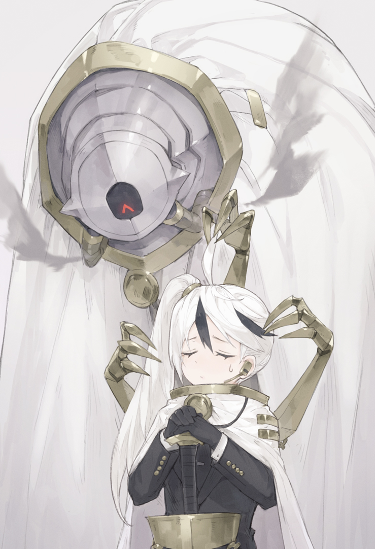 1boy, ahoge, black_neckwear, buttons, closed_eyes, closed_mouth, earpiece, gloria_(project_moon), gloves, jacket, library_of_ruina, long_hair, long_sleeves, necktie, nemu_(isaya), ponytail, project_moon, side_ponytail, suit_jacket, sweat, tie_clip, white_hair, yan_vismok