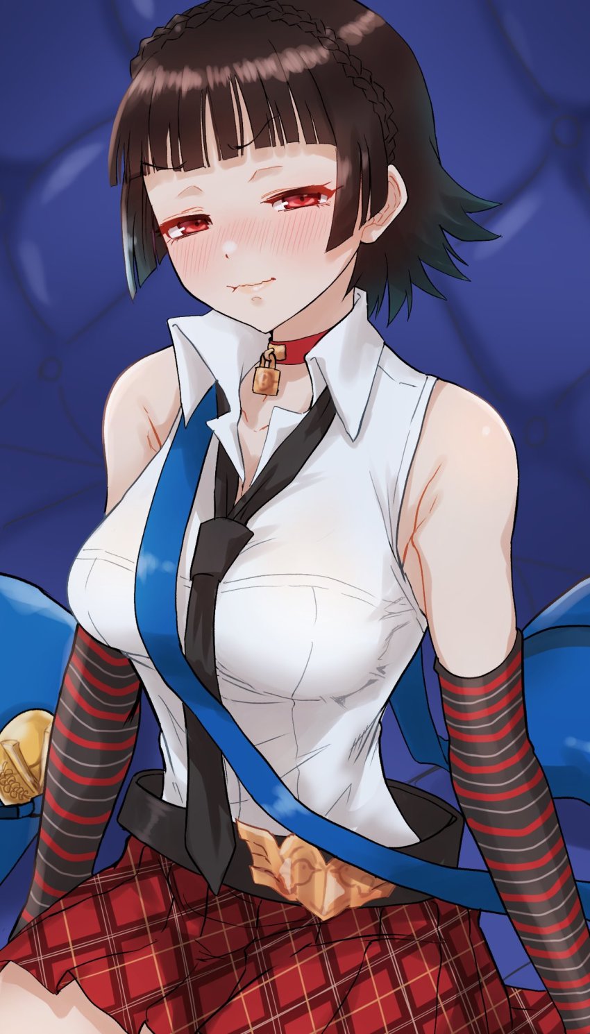 1girl, arms_at_sides, bare_shoulders, black_necktie, blouse, blush, braid, breasts, choker, collared_shirt, cosplay, crown_braid, gloves, half-closed_eyes, highres, kurosususu, marie_(persona_4), marie_(persona_4)_(cosplay), necktie, niijima_makoto, persona, persona_4, persona_4_the_golden, persona_5, plaid_clothes, plaid_skirt, pleated_skirt, shirt, skirt, sleeveless, sleeveless_shirt, solo, striped_clothes, striped_gloves, tagme, taut_clothes, taut_shirt, wavy_mouth, white_shirt