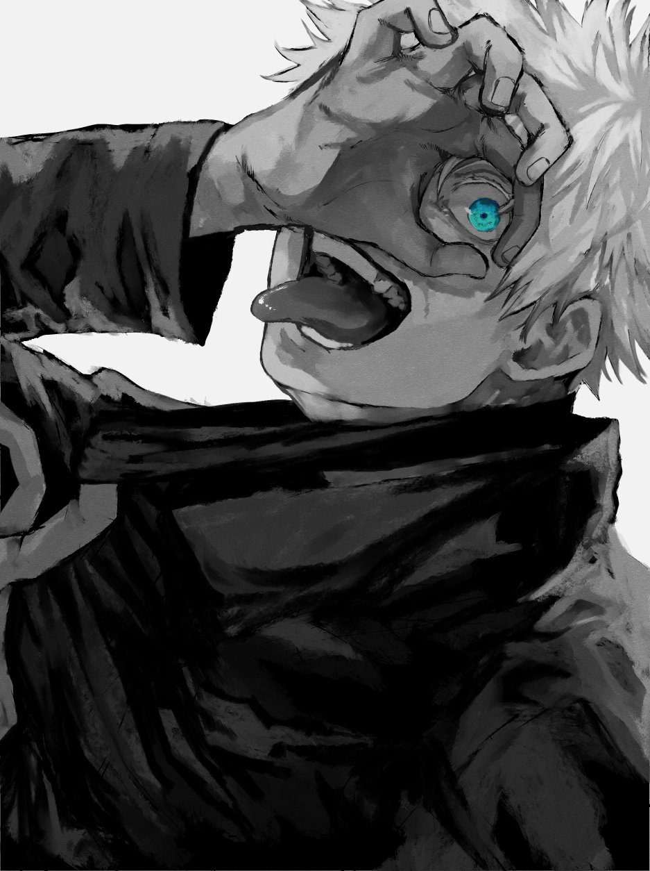 1boy, arm_up, blindfold_pull, unworn_blindfold, blue_eyes, gojo_satoru, greyscale, hand_over_eye, high_collar, highres, jacket, jujutsu_kaisen, kuwoniagyu11112, long_sleeves, looking_at_viewer, male_focus, monochrome, open_mouth, short_hair, simple_background, solo, tongue, tongue_out, upper_body
