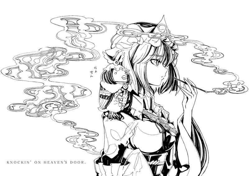 1girl, female_focus, greyscale, kiseru, monochrome, morisoban, mystia_lorelei, mystia_lorelei_(bird)