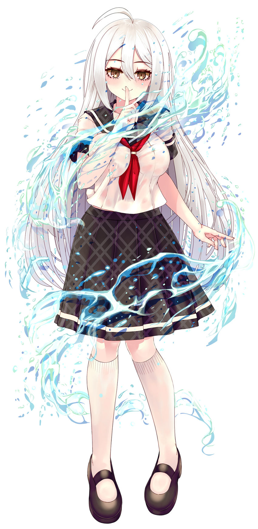 1girl, ahoge, black_shoes, black_skirt, blush, breasts, brown_eyes, commentary_request