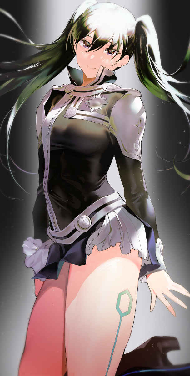 1girl, bare_legs, d.gray-man, frilled_skirt, frills, full_body, green_eyes, green_hair, highres, ikuchan_kaoru, legs, lena_le_strange, lenalee_lee, long_sleeves, looking_at_viewer, military, military_uniform, miniskirt, skirt, smile, solo, thighs, twintails, white_skirt