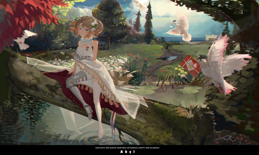 abel_makkonen_tesfaye, absurdres, animal, armor, artist_name, asymmetrical_footwear, bare_shoulders, beach, beret, bird, black_border, black_headwear, blue_eyes, blue_sky, blush, border, branch, building, bush, closed_mouth, clothes_lift, clothes_pull, cloud, cloudy_sky, commentary_request, curly_hair, dove, dress, dress_lift, dress_pull, embarrassed, english_text, eyebrows, fallen_tree, faulds, flower, flower_in_beak, flying, foot_touching_water, frilled_dress, frills, frown, gauntlets, girls'_frontline, grass, greaves, green_headwear, hair_flower, hair_ornament, hat, head_tilt, heart, highres, holding, holding_own_dress, holding_unworn_clothes, huge_filesize, in_tree, lake, leaf, leaning, leaning_to_the_side, light_brown_hair, looking_at_viewer, mail, mail_in_beak, medal, medium_hair, messy_hair, mini_hat, mountain, mountainous_horizon, mud, mushroom, ocean, official_alternate_costume, on_tree_stump, panties, peaked_cap, pine_tree, plant, poleyn, post_dove, red_flower, ripples, sabaton, scenery, see-through_clothes, see-through_skirt, sidelocks, sitting, sitting_in_tree, skirt, sky, stream, symbol, text_background, thighhighs, thighs, touching_water, tree, underwear, uneven_footwear, vambraces, water, watermark, wavy_hair, webley_(before_sunset)_(girls'_frontline), webley_(girls'_frontline), white_dress, white_flower, white_legwear, white_panties, yellow_flower