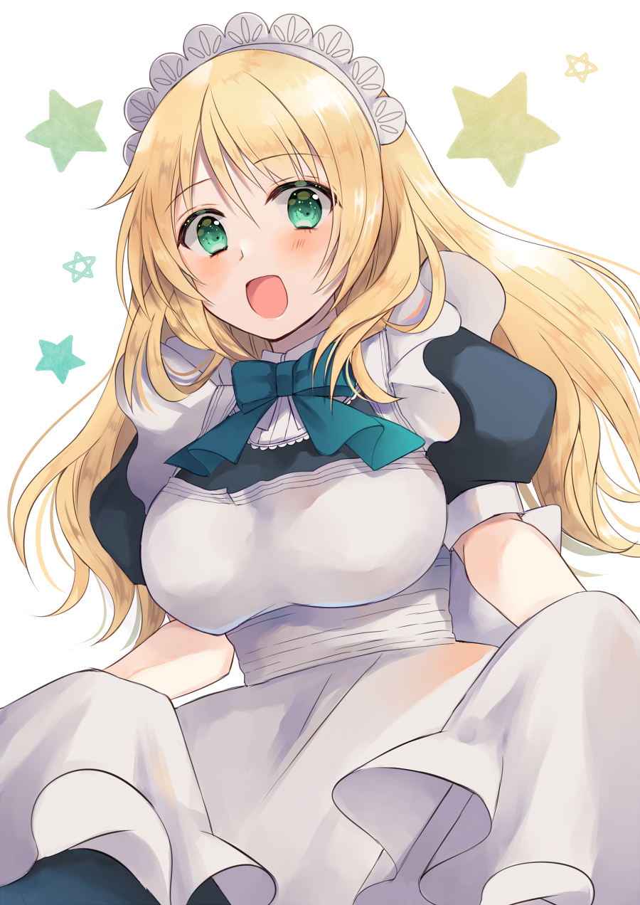 1girl, alternate_costume, apron, atago_(kancolle), black_dress, blonde_hair, breasts, commentary_request