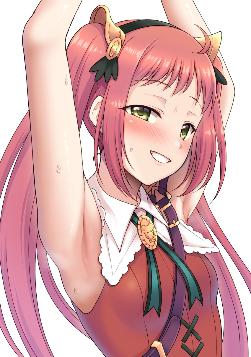 1girl, absurdres, armpit_focus, armpits, arms_up, ayane_(princess_connect!), bare_shoulders, black_hairband