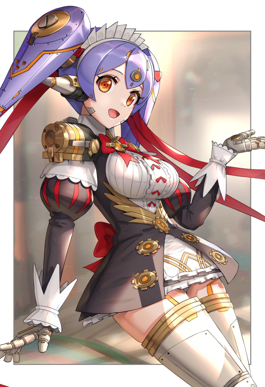 1girl, :d, android, breasts, center_frills, closed_mouth, commentary_request, frills