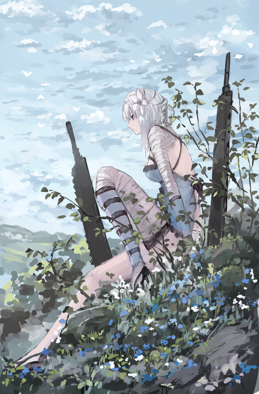 1girl, asymmetrical_legwear, babydoll, bandaged_arm, bandaged_leg, bandages, bird, blue_flower, braid, breasts, cleaver, closed_mouth, flower, gloves, grey_eyes, hair_flower, hair_ornament, high_heels, highres, kaine_(nier), knee_up, lingerie, long_hair, looking_afar, looking_away, lunar_tear, nature, negligee, nier, nier_(series), plant, ribbon, rokojii, scenery, simple_background, single_braid, single_thighhigh, sitting, sky, solo, standing, strap, sword, thighhighs, underwear, uneven_legwear, weapon, white_flower, white_hair