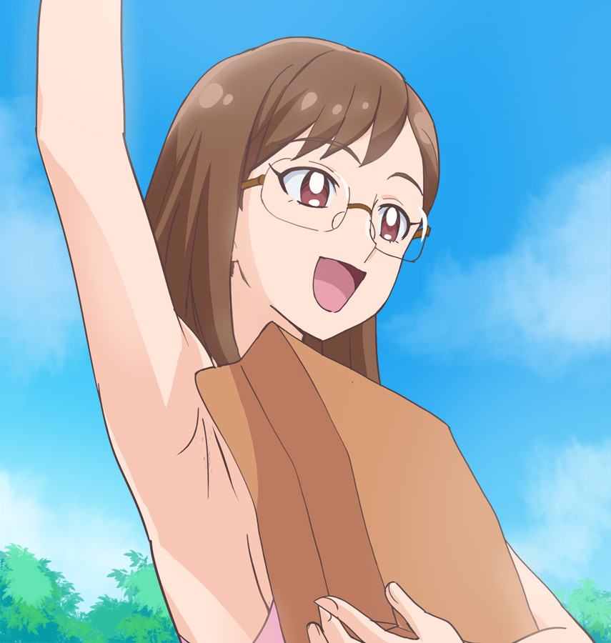 1girl, :d, arm_up, armpits, blue_sky, breasts, brown_hair, cloud