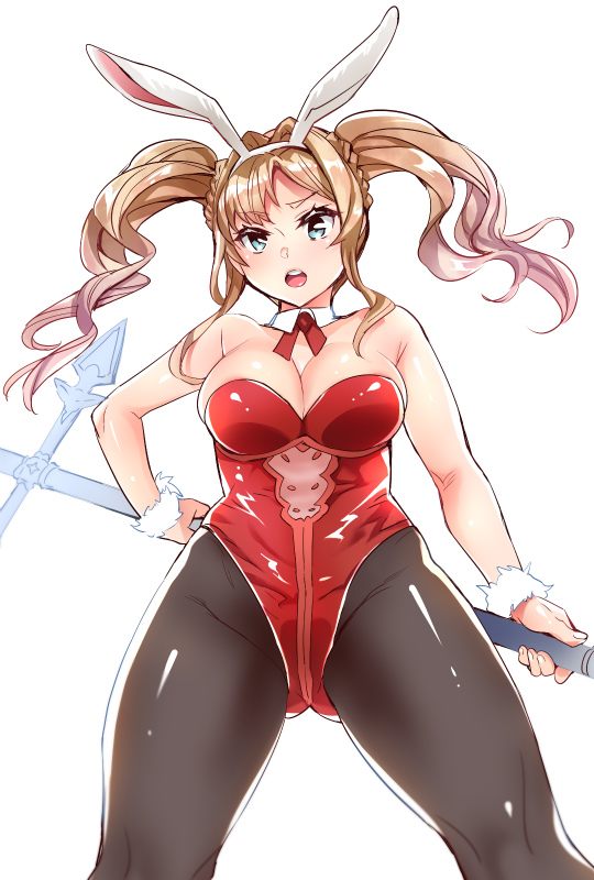 1girl, animal_ears, black_leotard, black_pantyhose, blonde_hair, blue_eyes, bow, bowtie