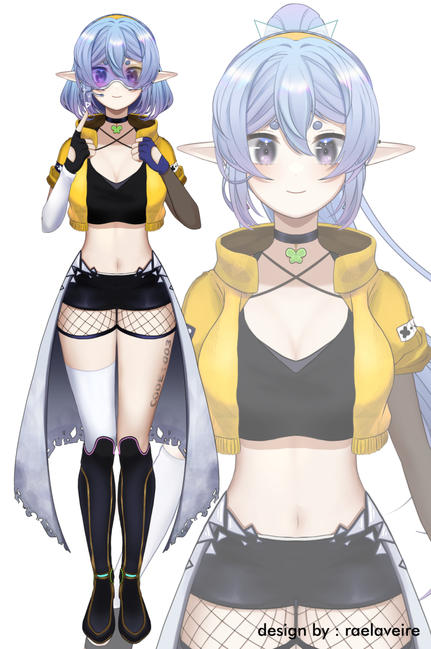 1girl, alternate_costume, asymmetrical_gloves, black_footwear, black_gloves, black_shorts, blue_gloves, boots, breasts, cleavage, cropped_jacket, elf, fingerless_gloves, gloves, goggles, hair_between_eyes, headset, highres, indie_virtual_youtuber, jacket, knee_boots, medium_breasts, mismatched_gloves, multiple_views, navel, pointy_ears, ponytail, purple_eyes, rae_laveire, rae_laveire_(artist), shorts, single_thighhigh, skirt, smile, thighhighs, virtual_youtuber, white_skirt, yellow_jacket