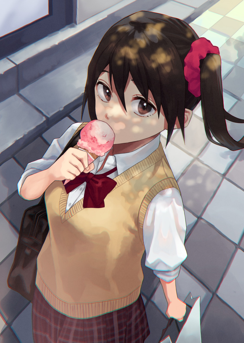 1girl, absurdres, bag, bookbag, bow, eating, hair_ornament, hair_scrunchie