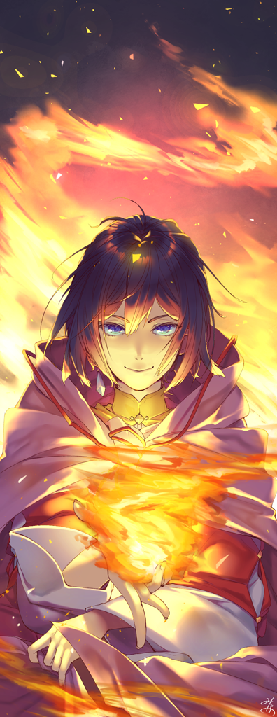 1boy, blue_eyes, brown_hair, earrings, fire, hair_between_eyes, jewelry, long_sleeves