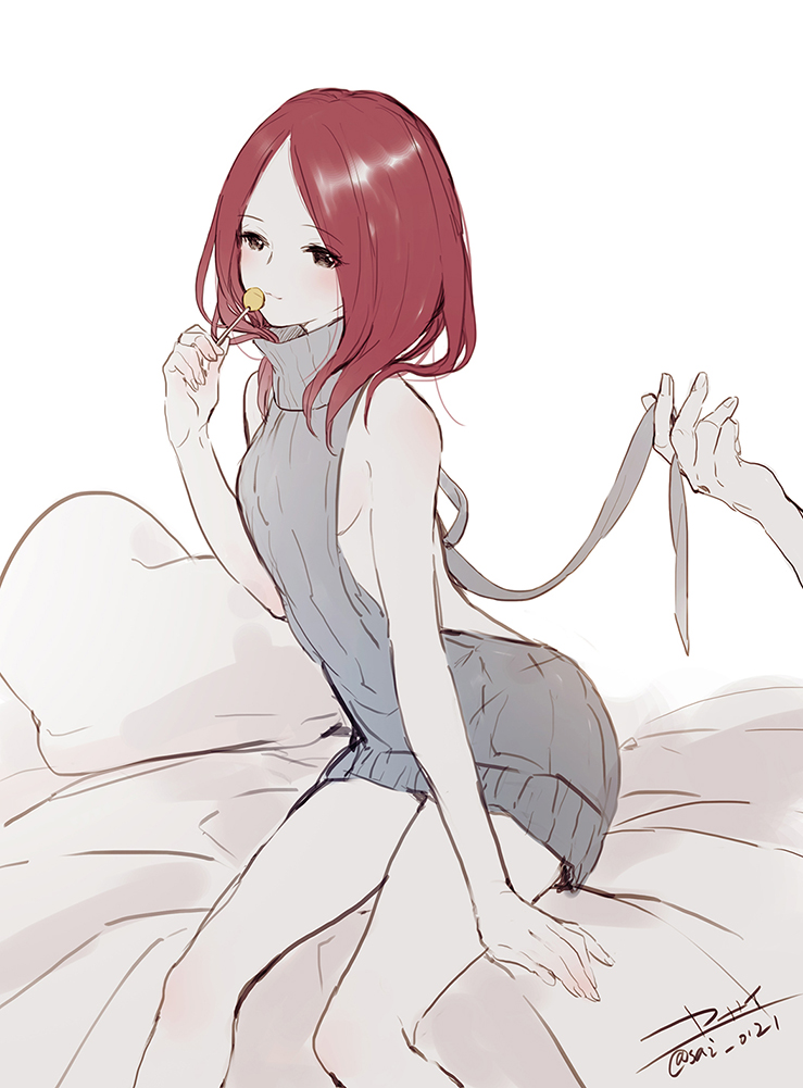 1girl, arm_at_side, backless_dress, backless_outfit, bed, bed_sheet, blush, breasts