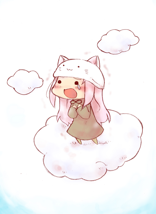 1girl, animal_hat, bad_id, bad_pixiv_id, cat_hat, chibi, cloud, female_focus