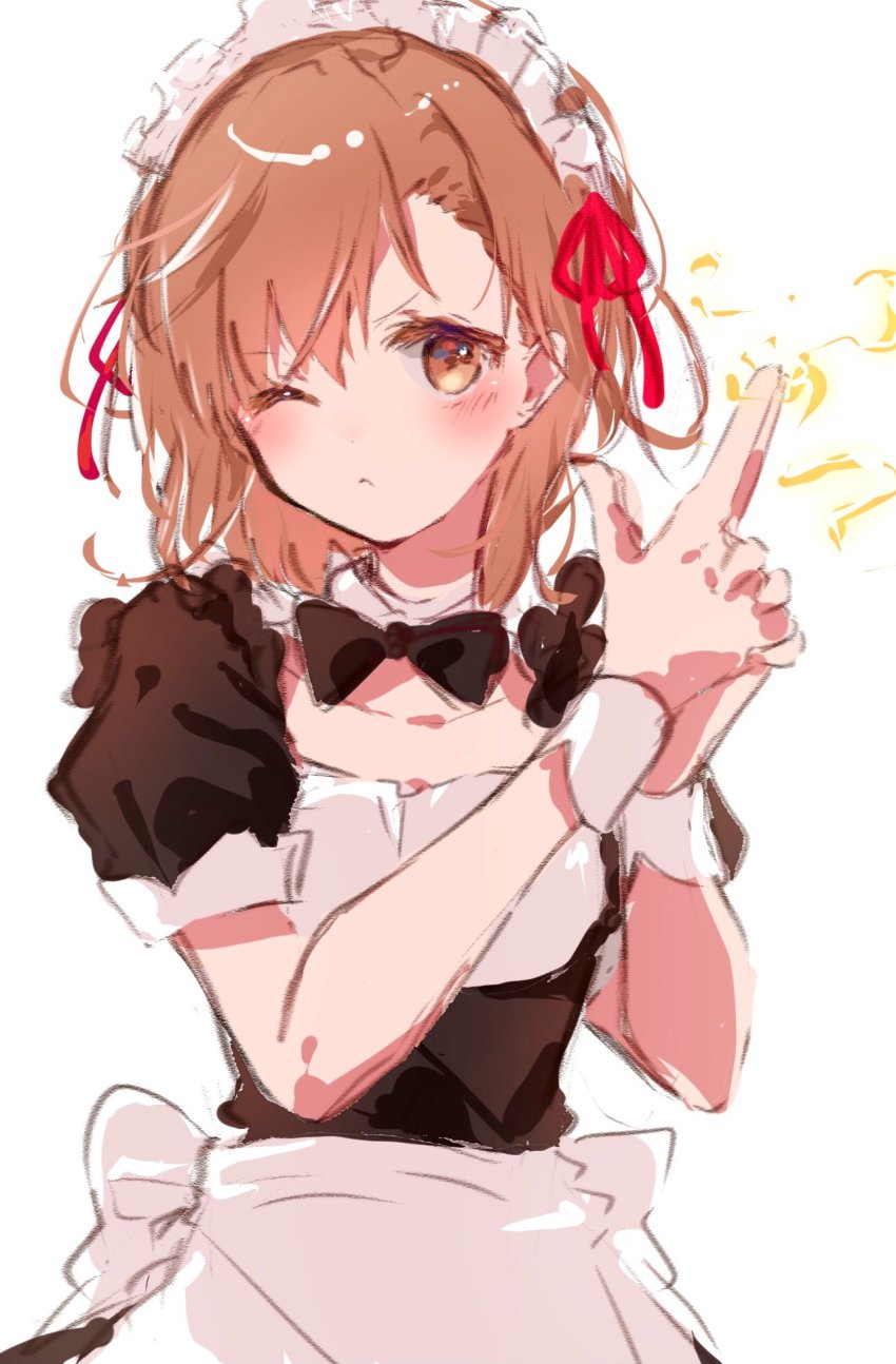 1girl, apron, black_ribbon, blush, electricity, electrokinesis, finger_gun, hair_ornament, highres, himaneko., maid, maid_apron, maid_day, maid_headdress, misaka_mikoto, one_eye_closed, orange_hair, ribbon, simple_background, solo, toaru_kagaku_no_railgun, toaru_majutsu_no_index, white_background, yellow_eyes