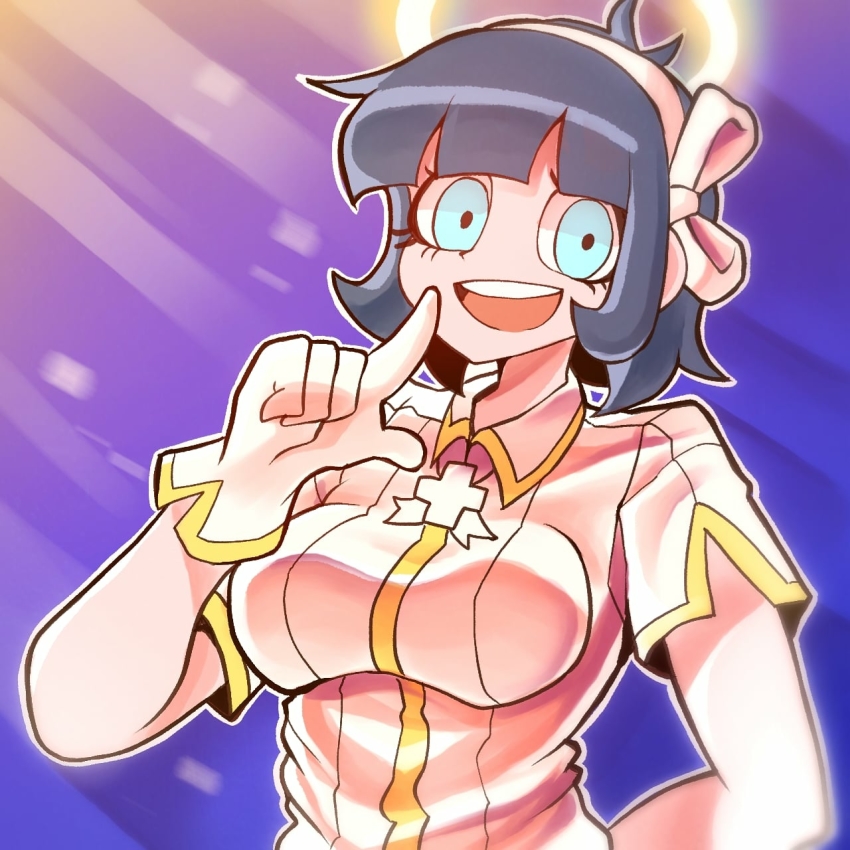 1girl, angel, azazel_(helltaker), black_hair, blue_eyes, breasts, dice_coffeedox, gloves