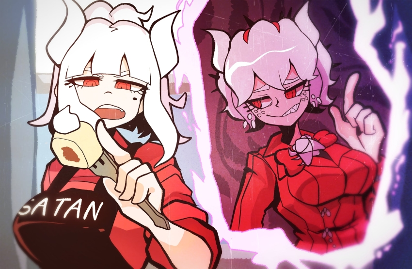 2girls, apron, beelzebub_(helltaker), black_apron, breasts, demon_horns, dice_coffeedox, fork