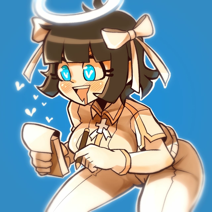 1girl, angel, azazel_(helltaker), black_hair, blue_background, blue_eyes, blunt_bangs, blush