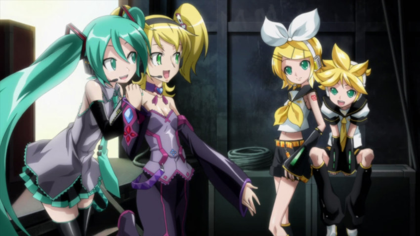 00s, blonde_hair, cameo, green_eyes, green_hair, hatsune_miku, kagamine_len, kagamine_rin