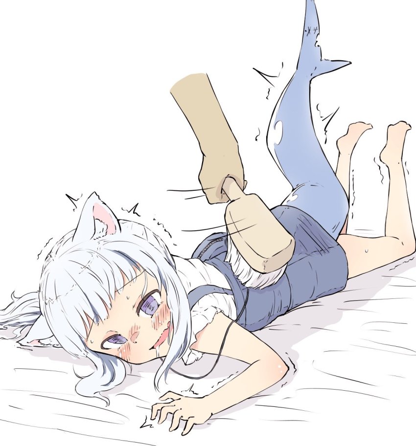 1girl, animal_ears, blue_eyes, blue_hair, blush, cat_ears, fins, fish_tail